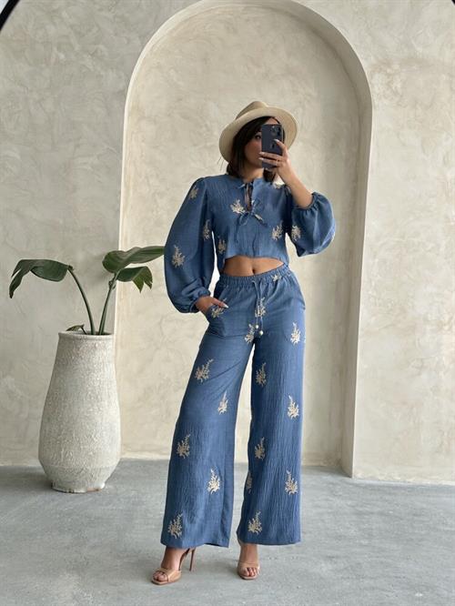  Nakış Detaylı Toptan Keten Pantolon - Mavi