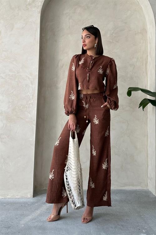 Wholesale Linen Trousers with Embroidery Detail - Brown
