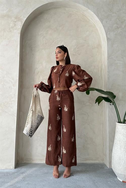 Wholesale Linen Trousers with Embroidery Detail - Brown