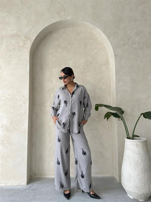 Topshow Embroidery Detail Wholesale Linen Pants - Gray