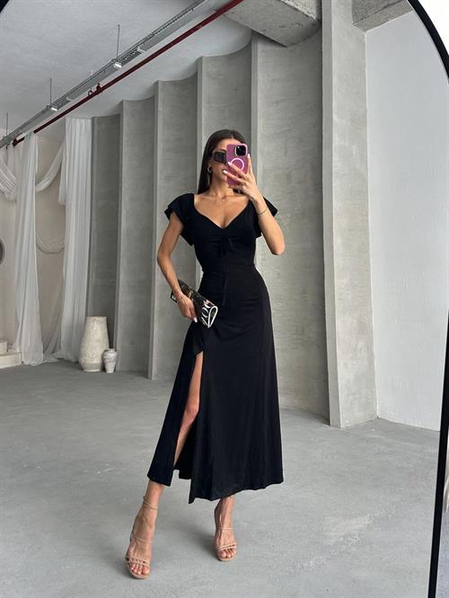 Siyah Düz Viskon Toptan Elbise