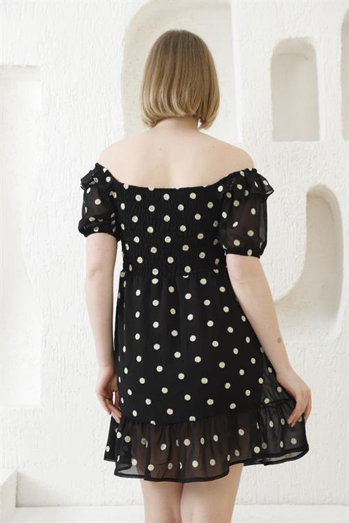 Siyah Papatya Deseni Toptan Elbise