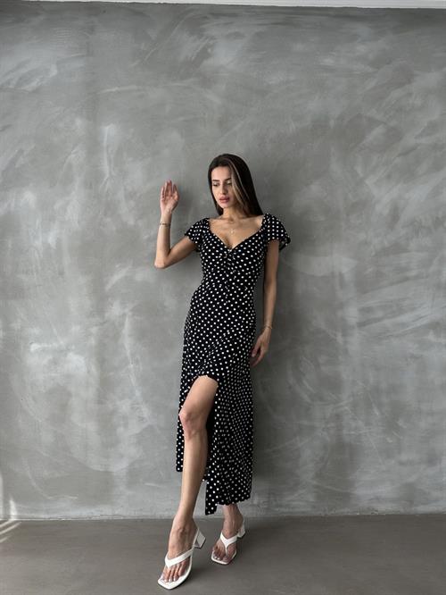 Siyah Puantiyeli Çiçek Baskılı Toptan Elbise