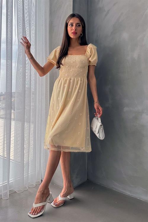 Taş Kayık Yaka Göğüs Gipeli Toptan Elbise