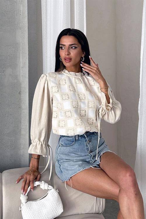 Topshow Stone Cream Lace Detailed Wholesale Blouse