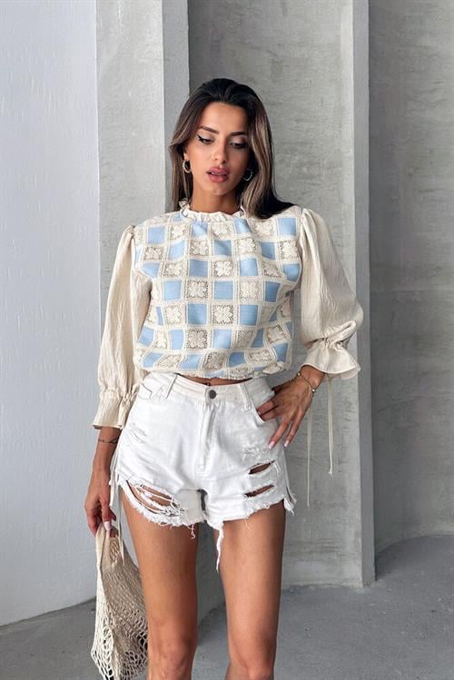 Topshow Stone Blue Lace Detailed Wholesale Blouse