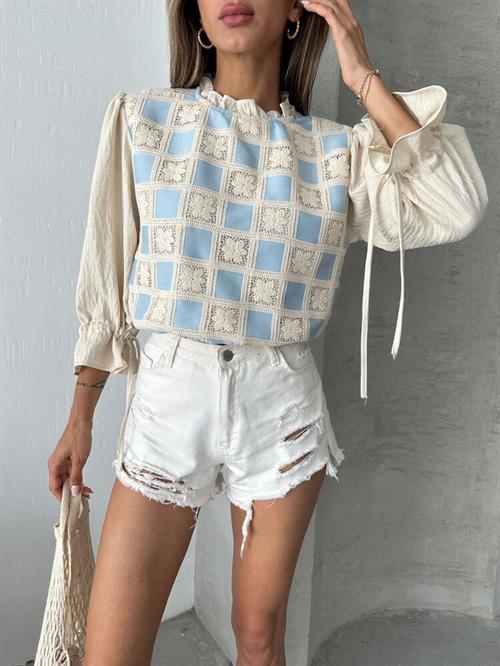 Topshow Stone Blue Lace Detailed Wholesale Blouse