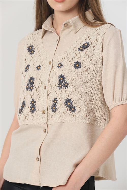 Topshow Stone Half Sleeve Lace Detailed Wholesale Shirt