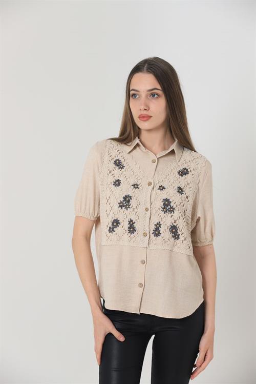 Topshow Stone Half Sleeve Lace Detailed Wholesale Shirt