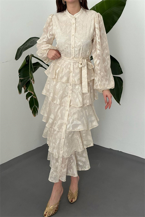 Wholesale Beige Layered Jacquard Dress