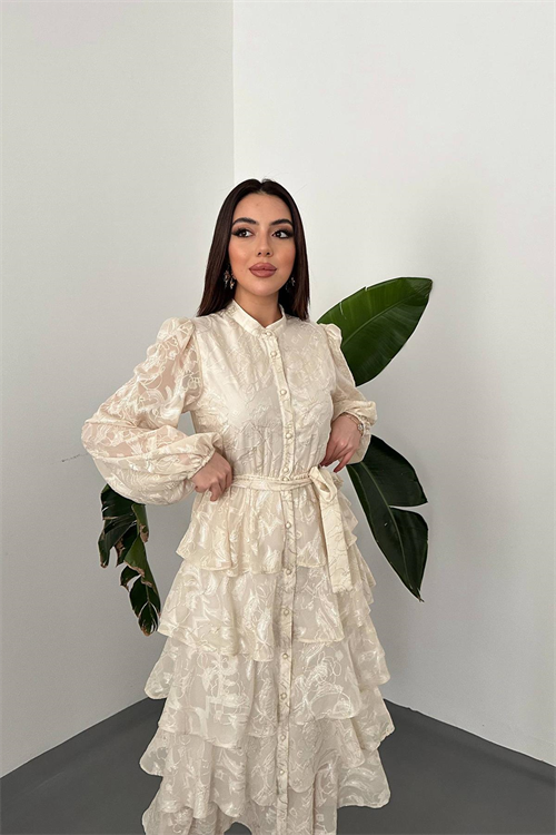 Wholesale Beige Layered Jacquard Dress