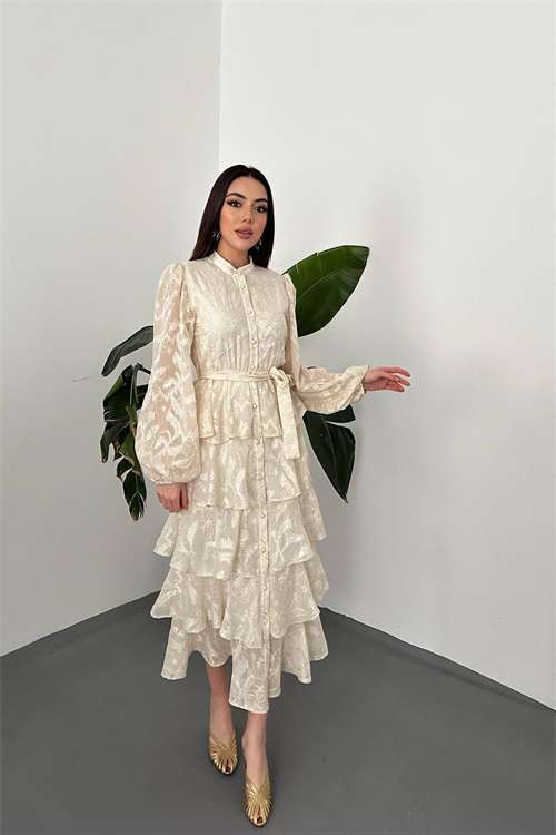Wholesale Beige Layered Jacquard Dress