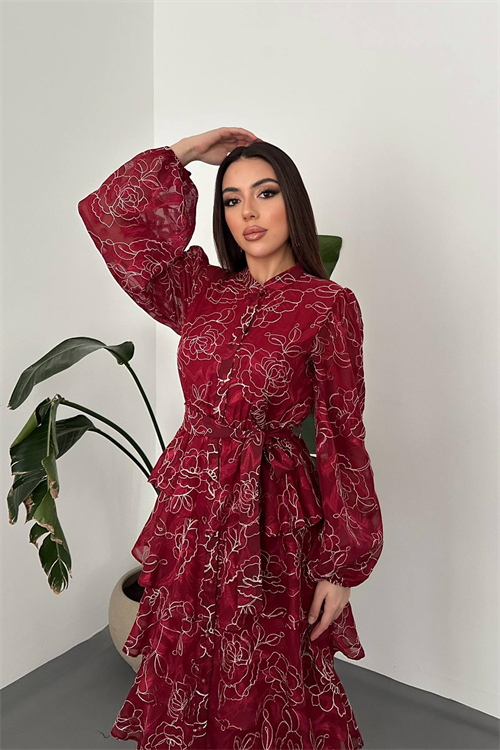 Wholesale Burgundy Layered Jacquard Dress