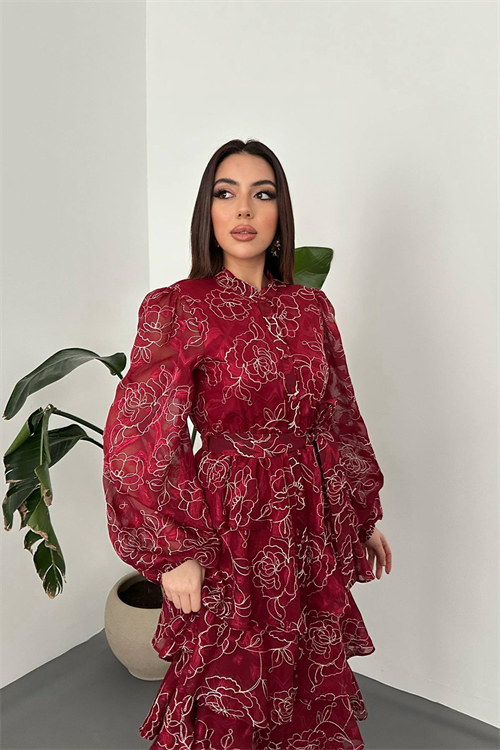 Wholesale Burgundy Layered Jacquard Dress