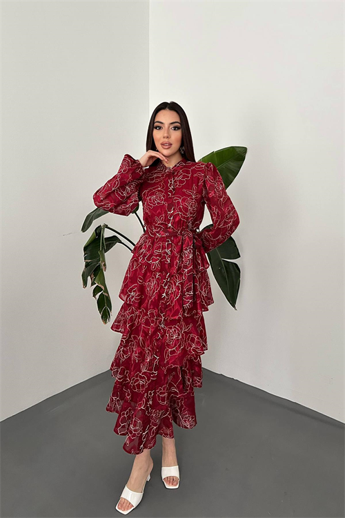 Wholesale Burgundy Layered Jacquard Dress