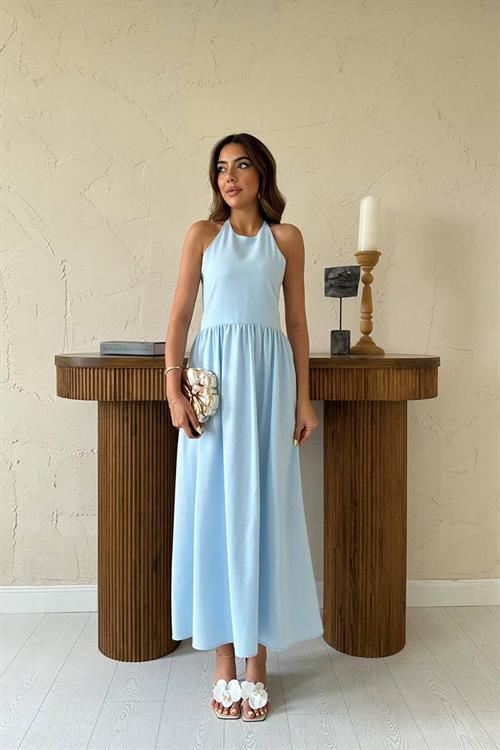 Toptan Bebe Mavi Arkası Gipeli Keten Elbise