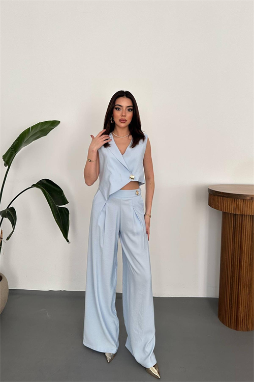 Wholesale Baby Blue Asymmetrical Vest and Palazzo Pants Set