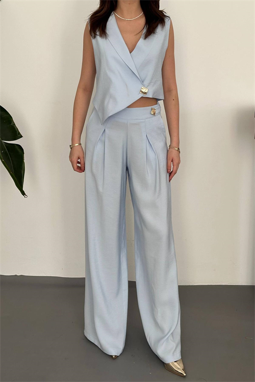 Wholesale Baby Blue Asymmetrical Vest and Palazzo Pants Set
