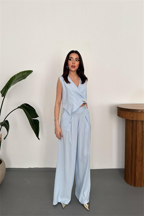 Wholesale Baby Blue Asymmetrical Vest and Palazzo Pants Set