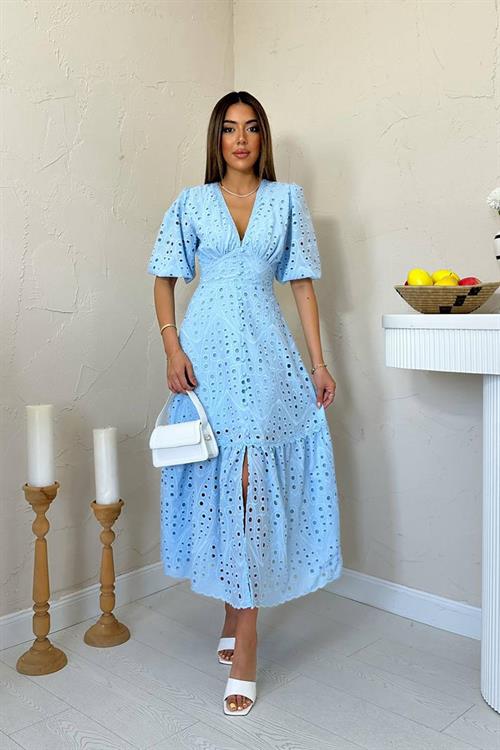 Toptan Bebe Mavi Büzgü Detaylı Dantelli Brode Elbise