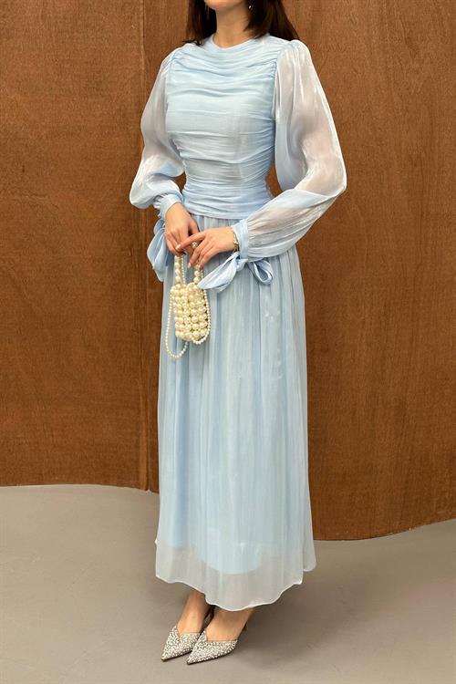 Toptan Bebe Mavi Büzgü Detaylı Manşeti Kuşaklı Elbise