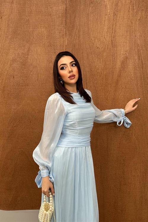 Toptan Bebe Mavi Büzgü Detaylı Manşeti Kuşaklı Elbise