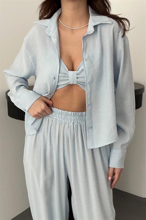 Wholesale Baby Blue Three-Piece Suit with Smocked Detail