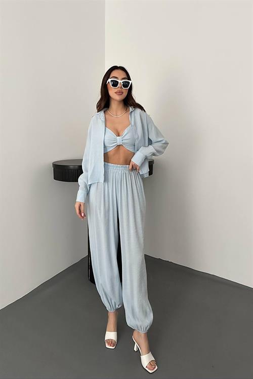 Wholesale Baby Blue Three-Piece Suit with Smocked Detail