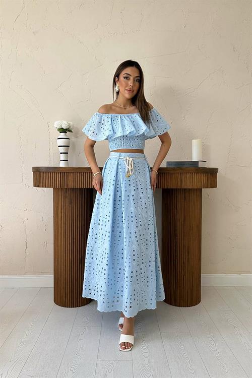 Wholesale Baby Blue Guipure Embroidery Blouse and Skirt Set