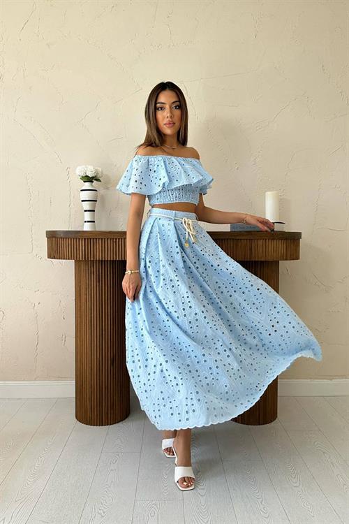 Wholesale Baby Blue Guipure Embroidery Blouse and Skirt Set