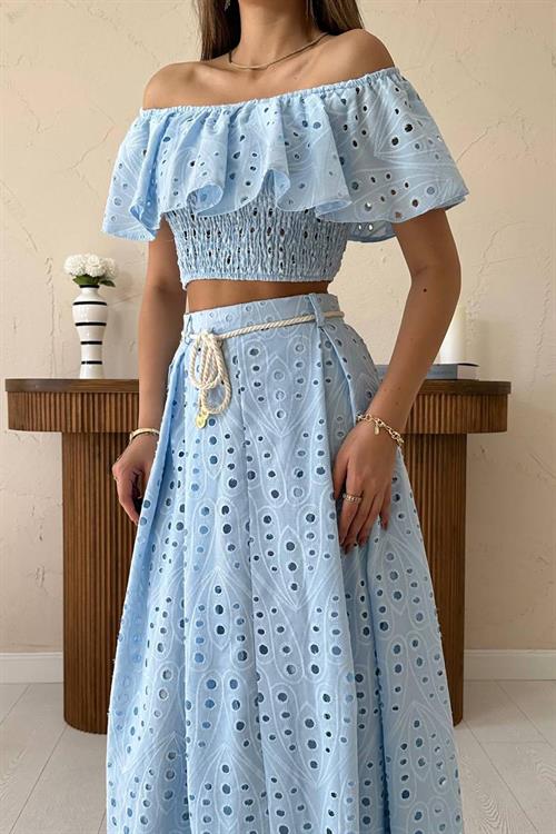Wholesale Baby Blue Guipure Embroidery Blouse and Skirt Set