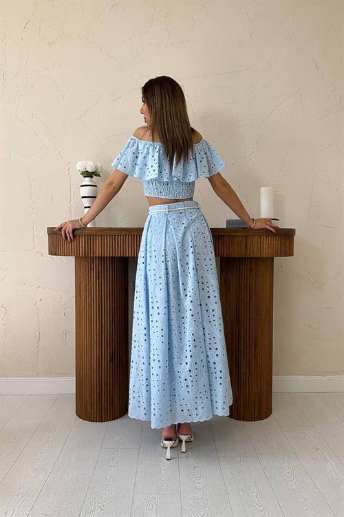 Wholesale Baby Blue Guipure Embroidery Blouse and Skirt Set