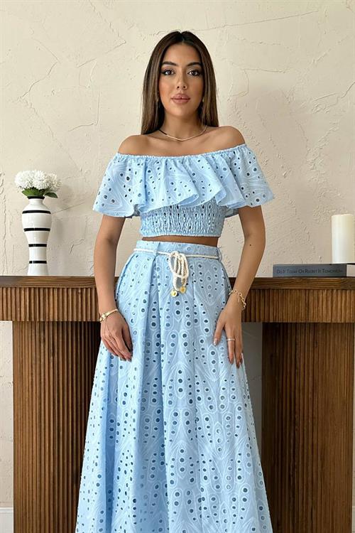 Wholesale Baby Blue Guipure Embroidery Blouse and Skirt Set