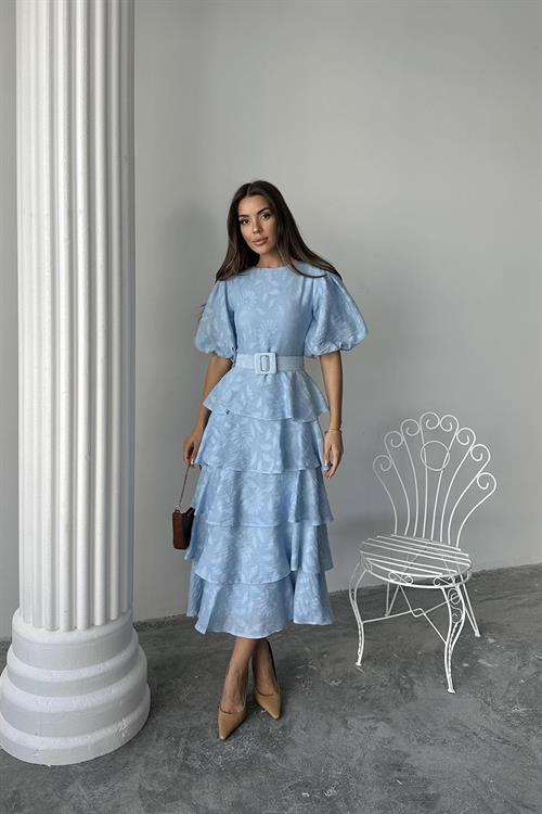 Toptan Bebe Mavi Kat Kat Balon Kollu Kemerli Elbise