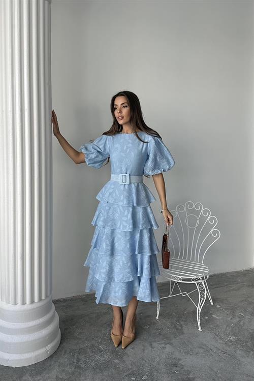 Toptan Bebe Mavi Kat Kat Balon Kollu Kemerli Elbise