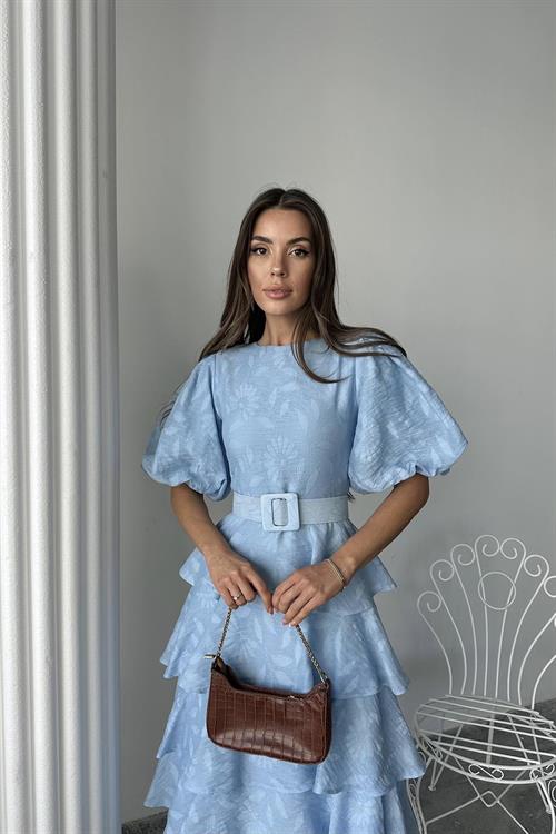 Toptan Bebe Mavi Kat Kat Balon Kollu Kemerli Elbise