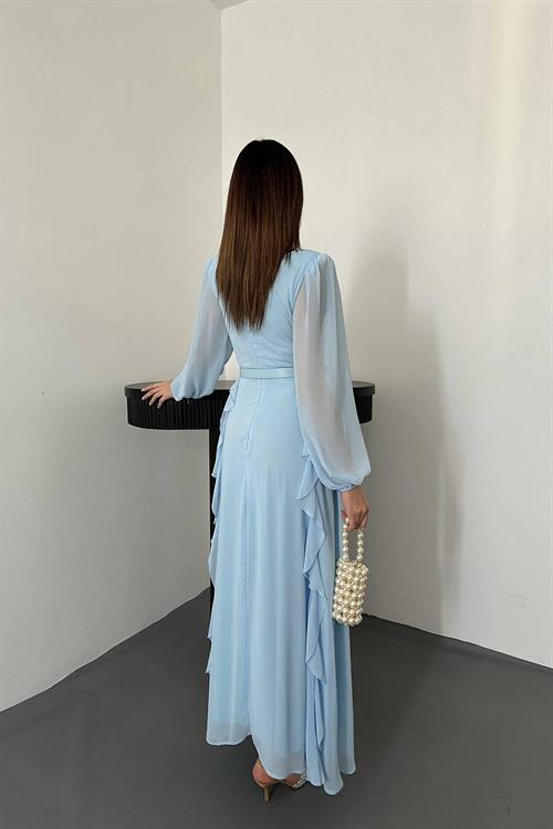 Toptan Bebe Mavi Kemerli Şifon Elbise