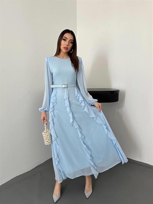 Toptan Bebe Mavi Kemerli Şifon Elbise