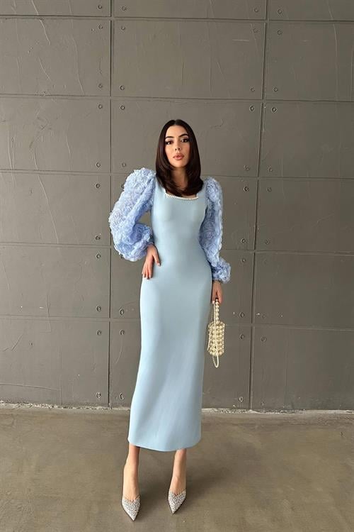 Wholesale Baby Blue Satin Dress with Floral Sleeves
