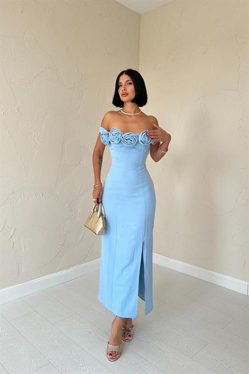 Wholesale Baby Blue Madonna Collar Rose Dress