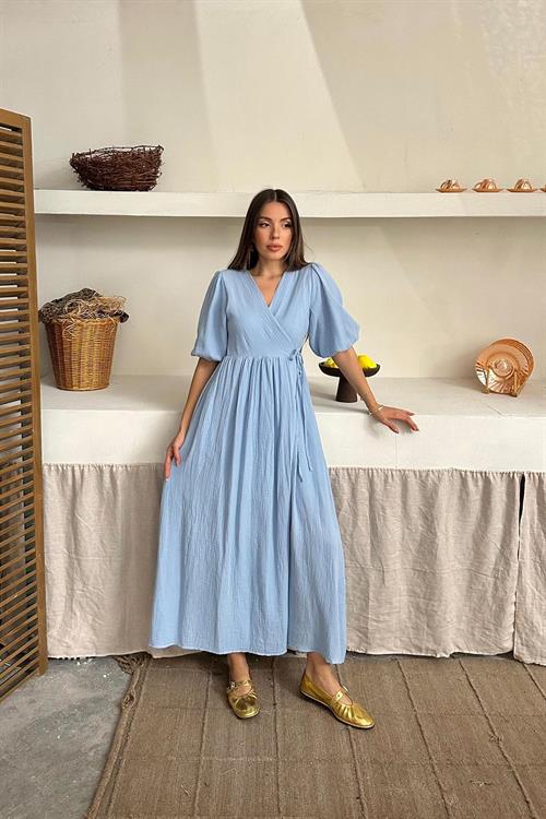 Toptan Bebe Mavi Müslin Uzun Elbise