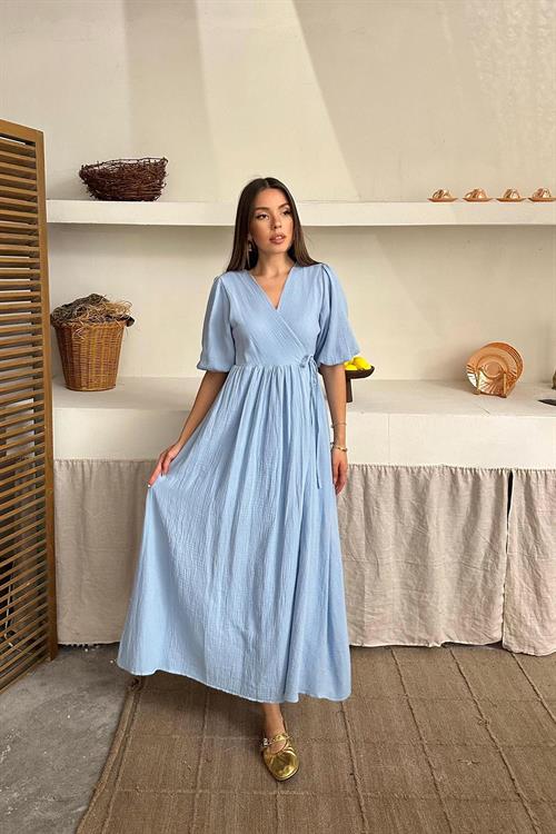 Toptan Bebe Mavi Müslin Uzun Elbise