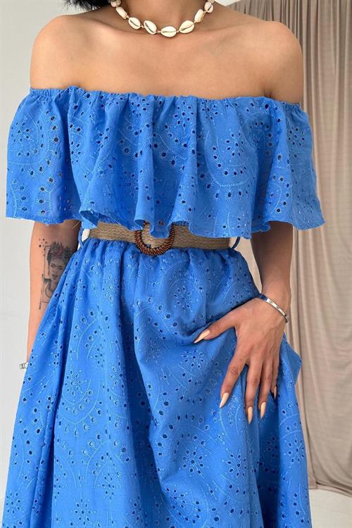 Toptan Bebe Mavi Omzu Lastikli Brode Elbise