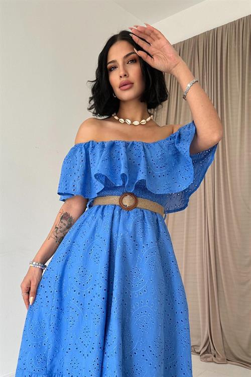 Toptan Bebe Mavi Omzu Lastikli Brode Elbise