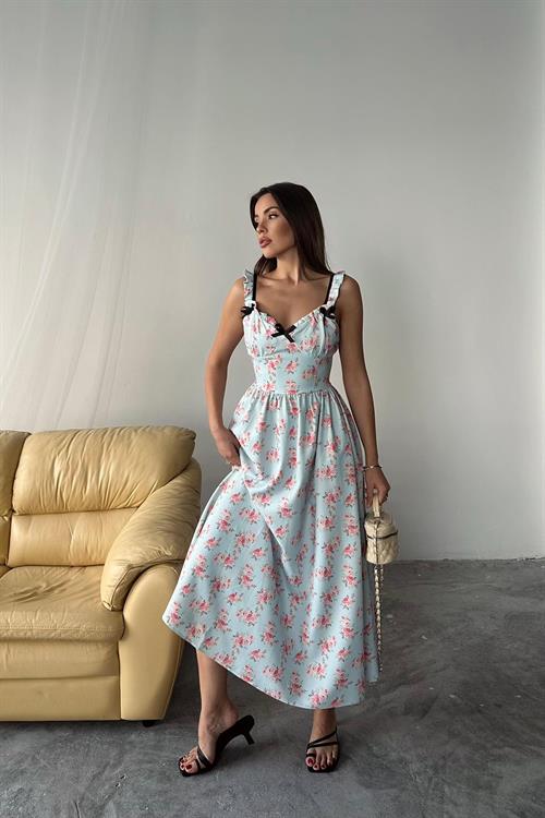 Toptan Bebe Mavi Önü Fiyonklu Çiçekli Elbise