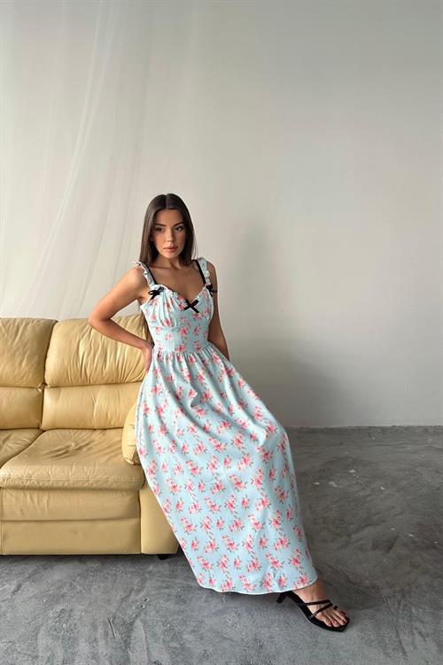 Toptan Bebe Mavi Önü Fiyonklu Çiçekli Elbise