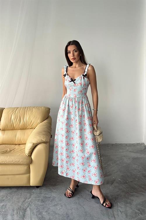 Toptan Bebe Mavi Önü Fiyonklu Çiçekli Elbise