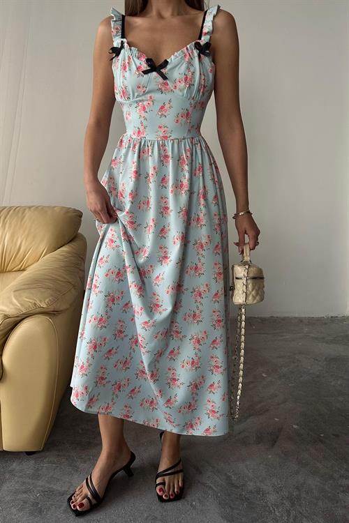 Toptan Bebe Mavi Önü Fiyonklu Çiçekli Elbise