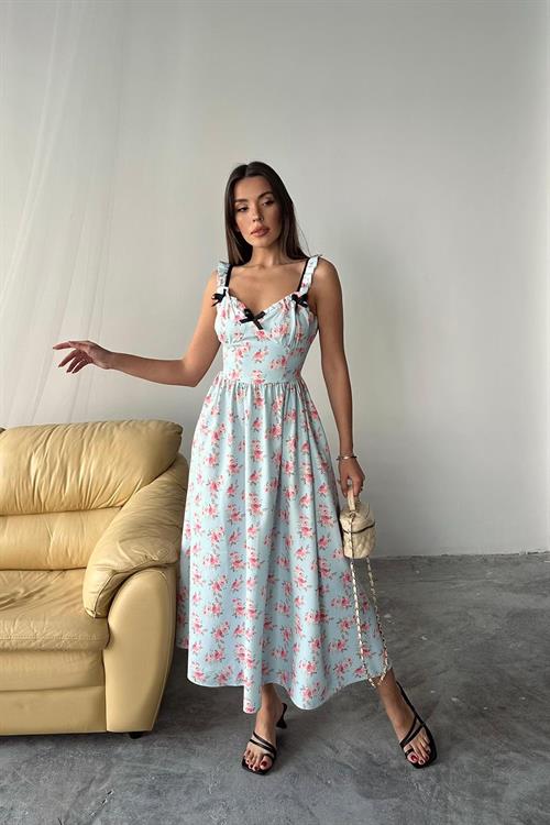 Toptan Bebe Mavi Önü Fiyonklu Çiçekli Elbise