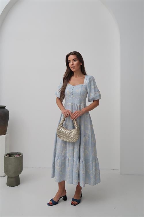 Toptan Bebe Mavi Süs Düğmeli Balon Kollu Elbise